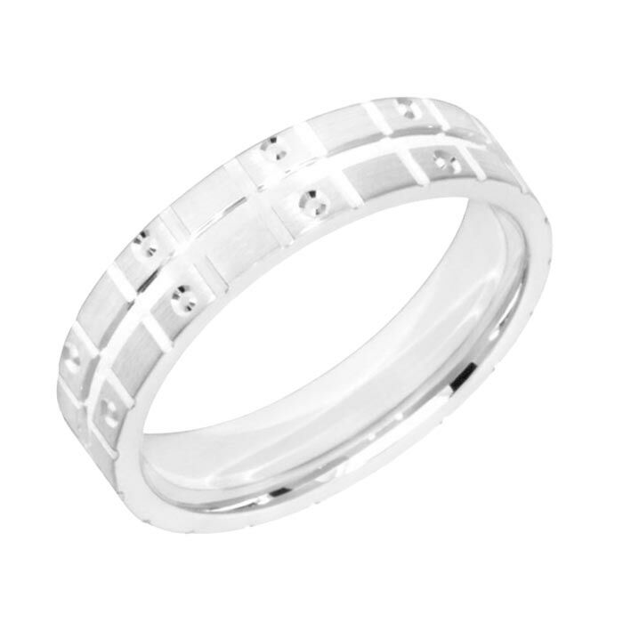 Wedding Ring Diamond CUT 27 centre Tramline, V grooved cuts, Circle diamond cut edge detail & Matt finish