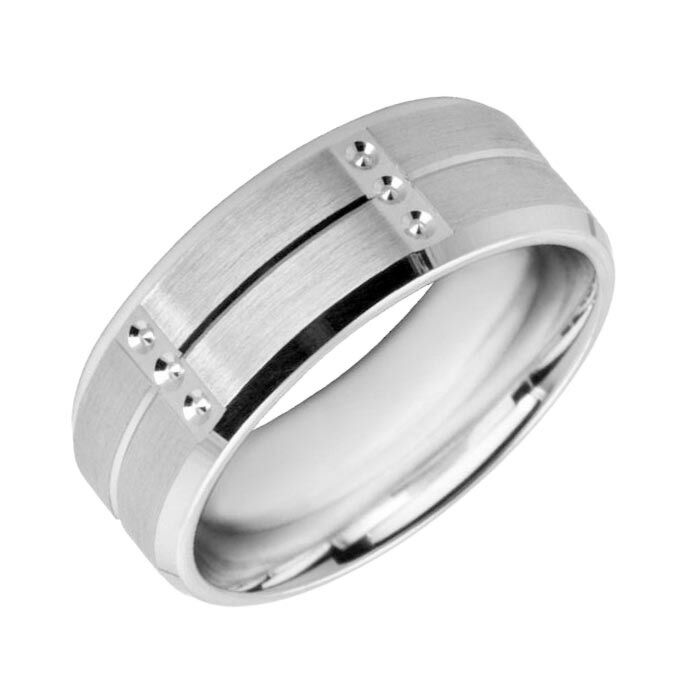 Flat wedding band CUT 58 Centre line, V grooved cuts, Circle diamond cut details & Matt finish