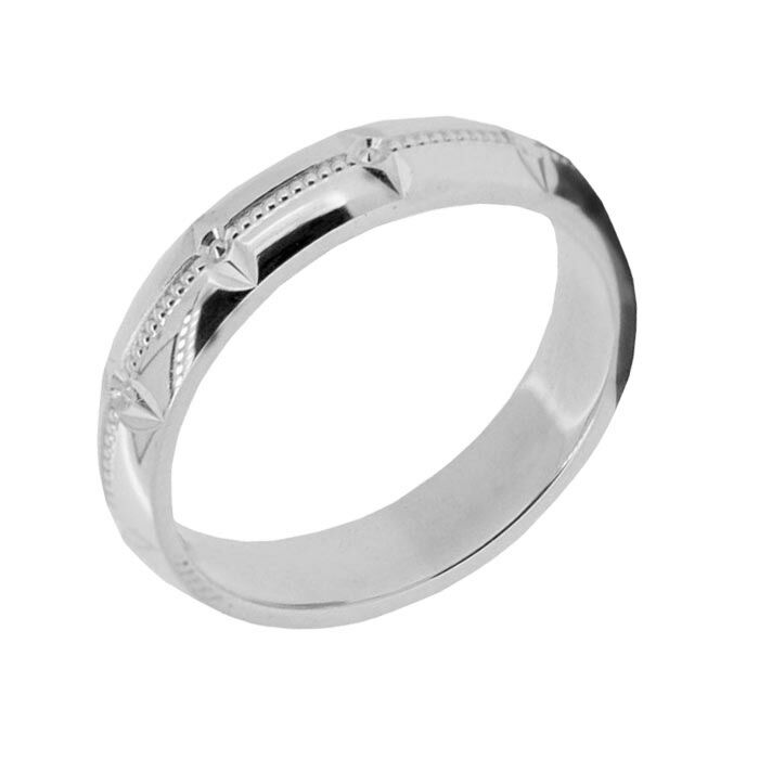 Wedding Ring Diamond CUT 61 Patterned centre Milgrain, V grooved cuts, Circle diamond cut edge detail & Polish finish