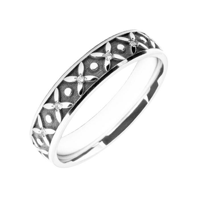 4mm Court wedding Band W7003 - Wedding Rings with Diamonds flower pattern laser engraved