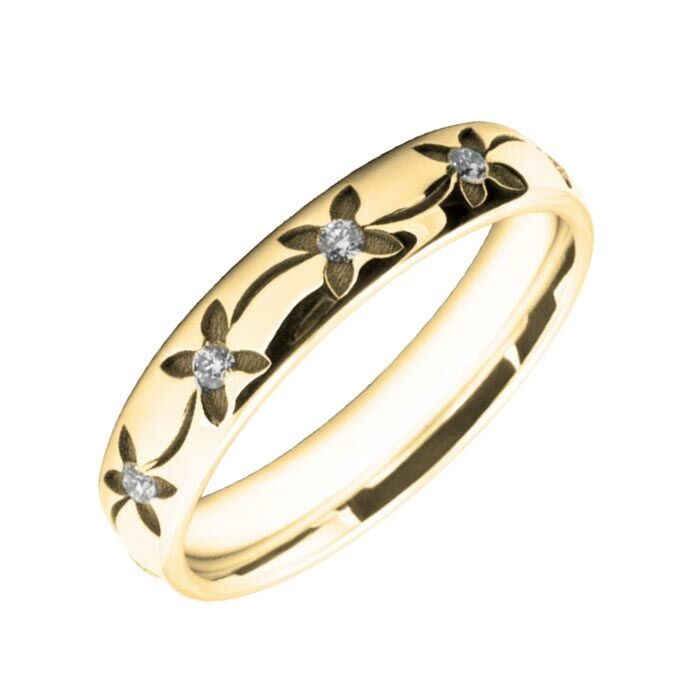 4mm Court wedding Band W7007 - Wedding Rings with Diamonds flower pattern laser engraved