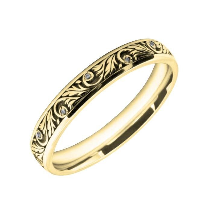 3mm Court wedding Band W7009 - Wedding Rings with Diamonds flower pattern laser engraved